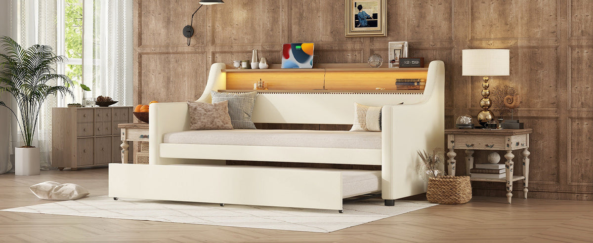 Twin Daybed with Trundle, Charging Shelf & LED Lights