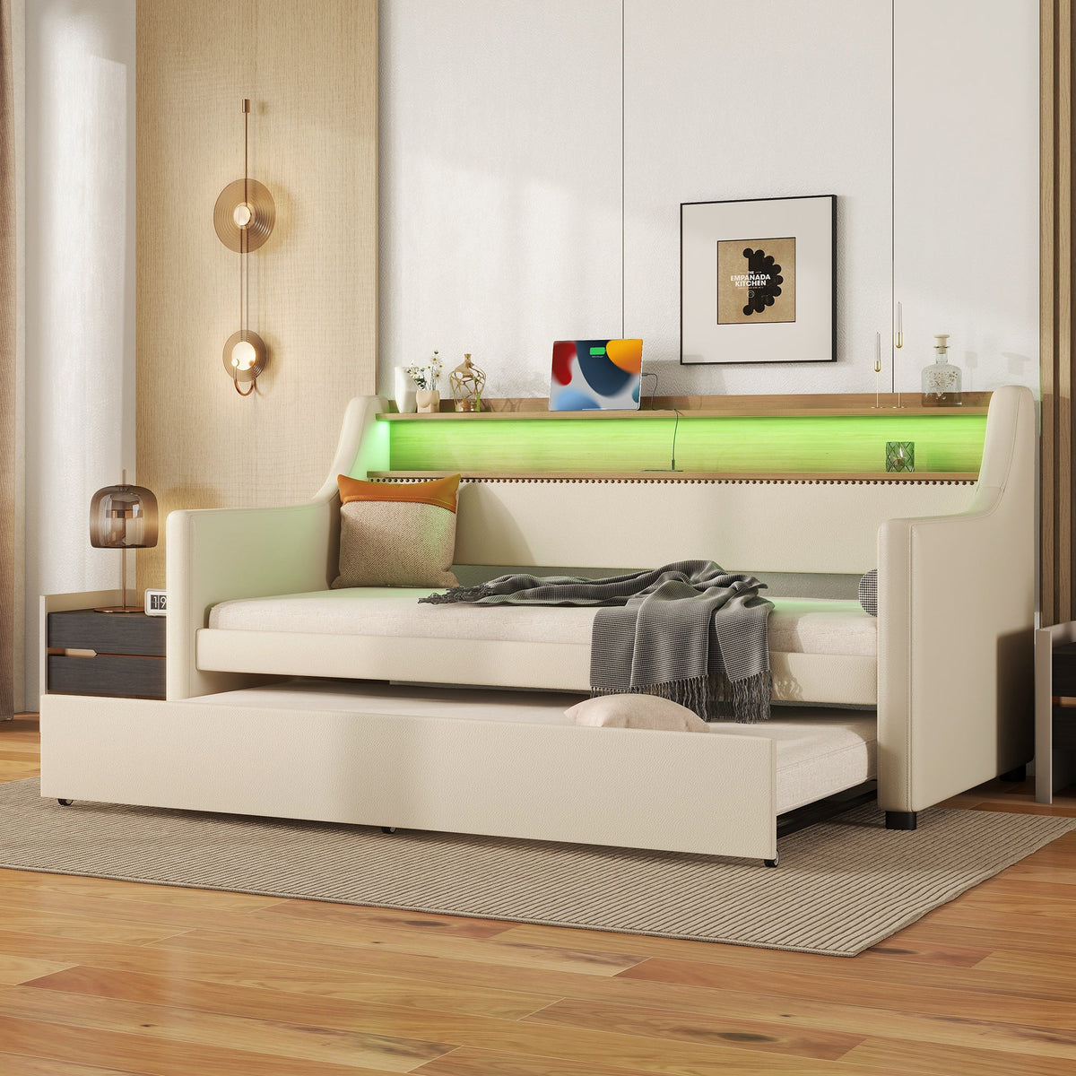 Upholstered Daybed with Trundle and USB Charging Station