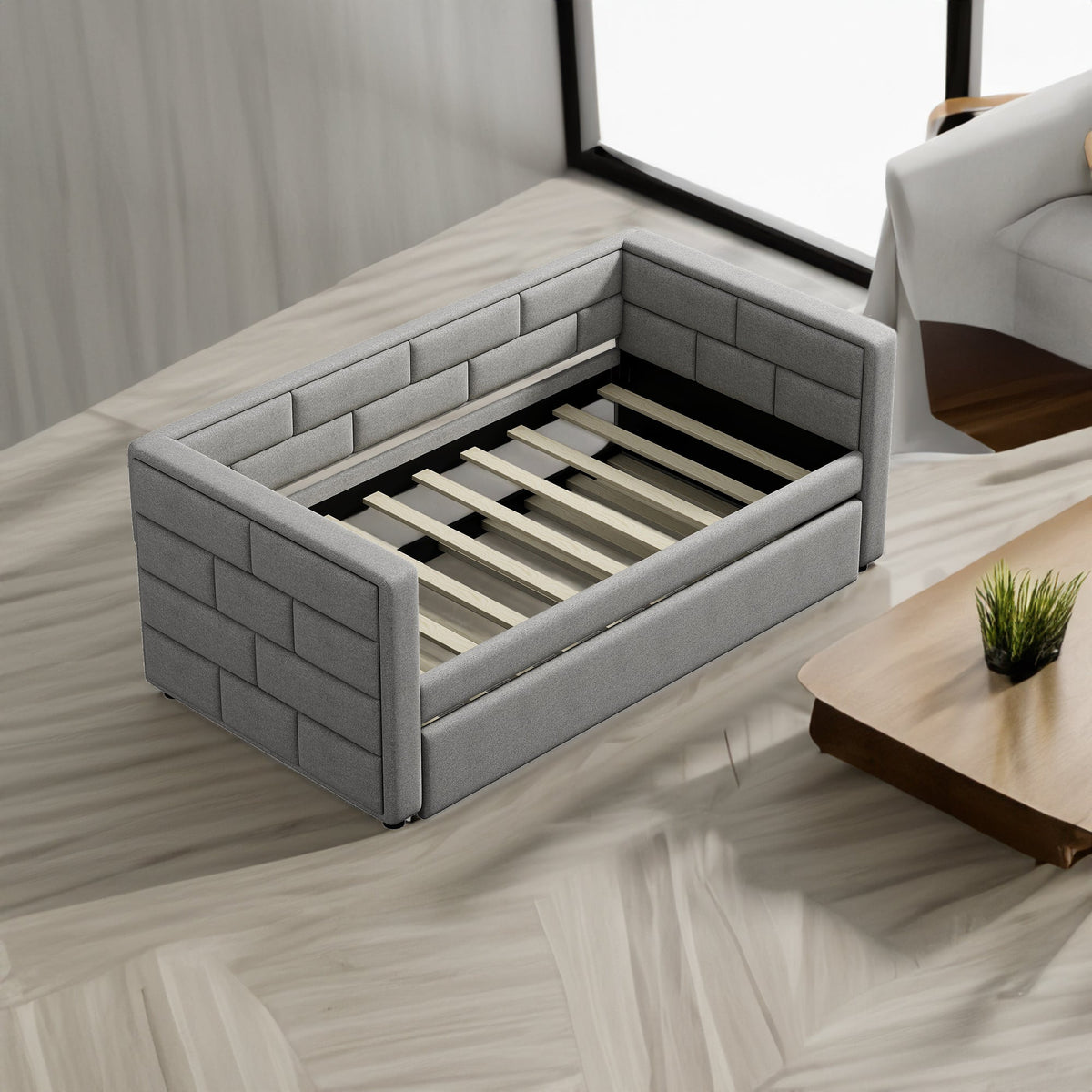 Gray Upholstered Twin Daybed with Pull-Out Trundle