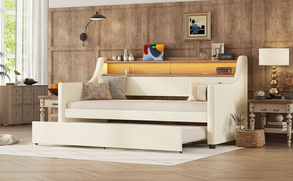 Twin Daybed with Trundle, Charging Shelf & LED Lights