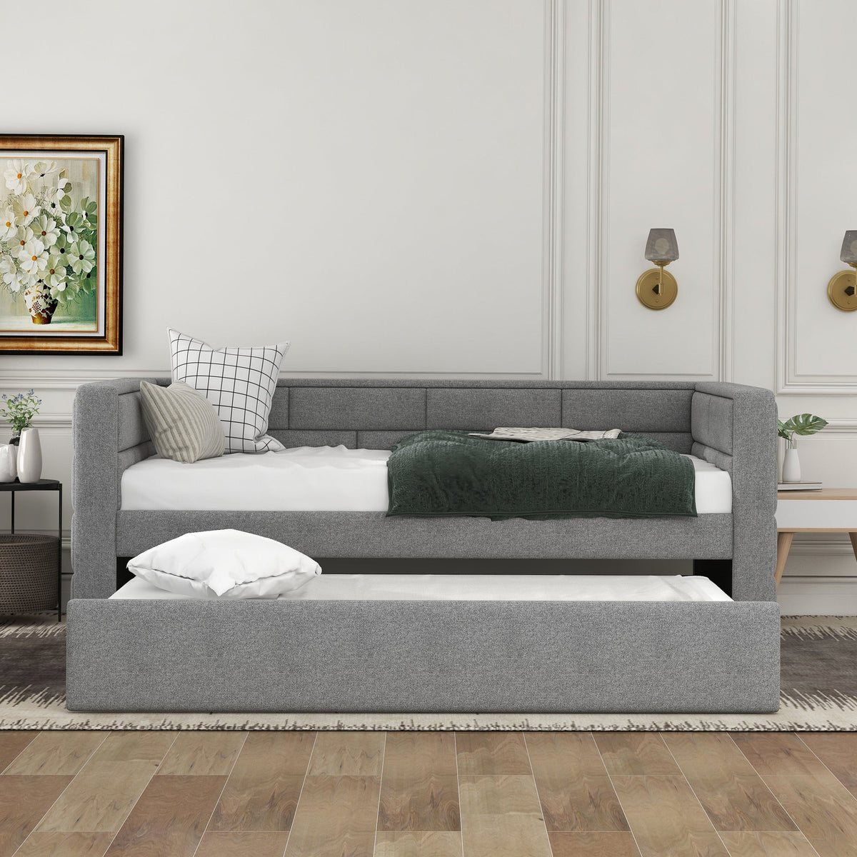 Gray Upholstered Twin Daybed with Pull-Out Trundle