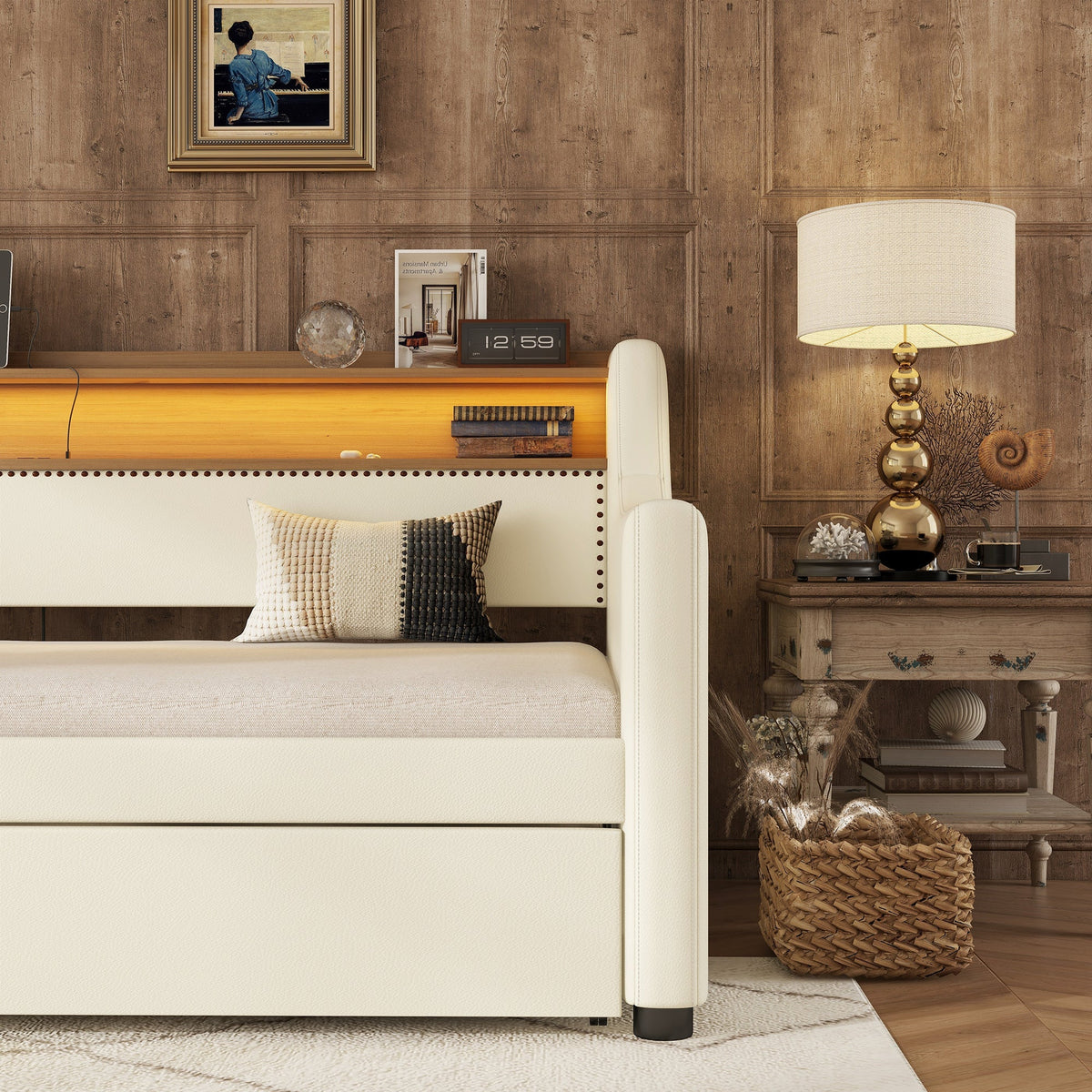 Twin Daybed with Trundle, Charging Shelf & LED Lights