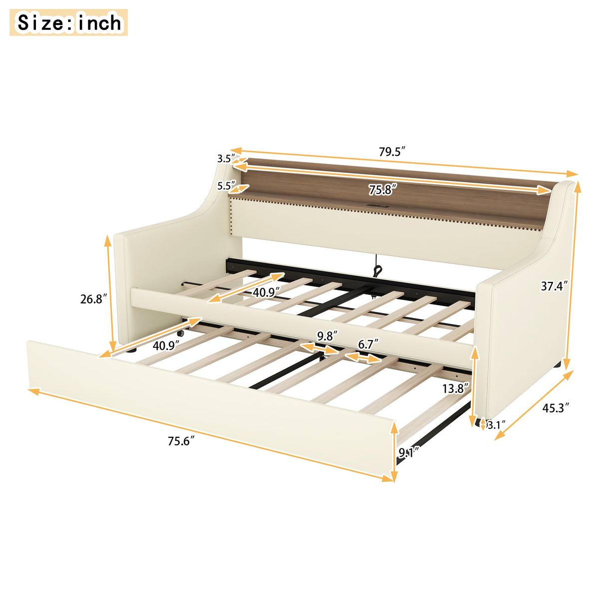 Twin Daybed with Trundle, Charging Shelf & LED Lights