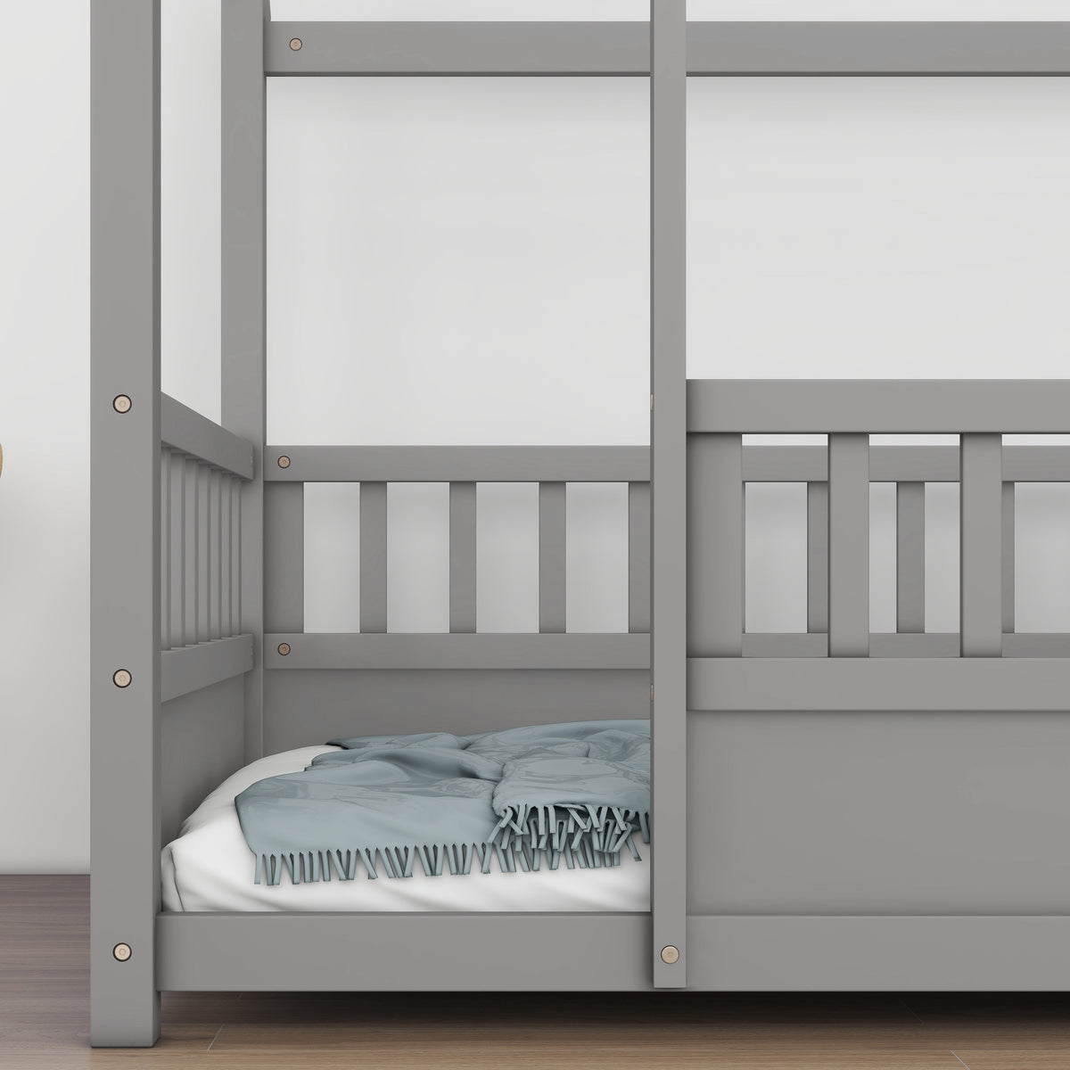 Toddler Twin Floor Bed with House Roof & Guardrails