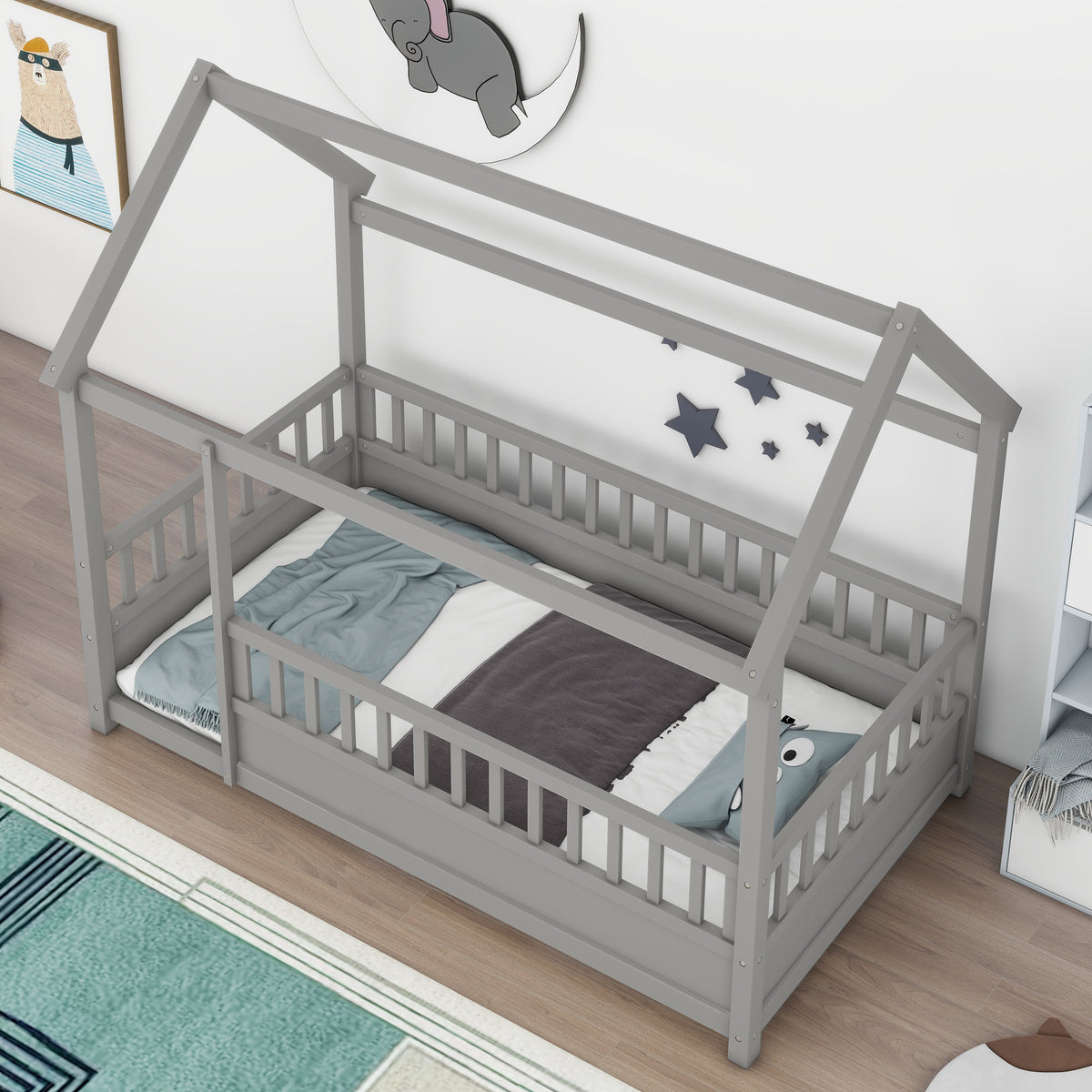 Toddler Twin Floor Bed with House Roof & Guardrails