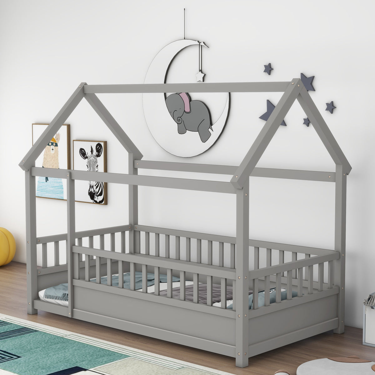 Toddler Twin Floor Bed with House Roof & Guardrails
