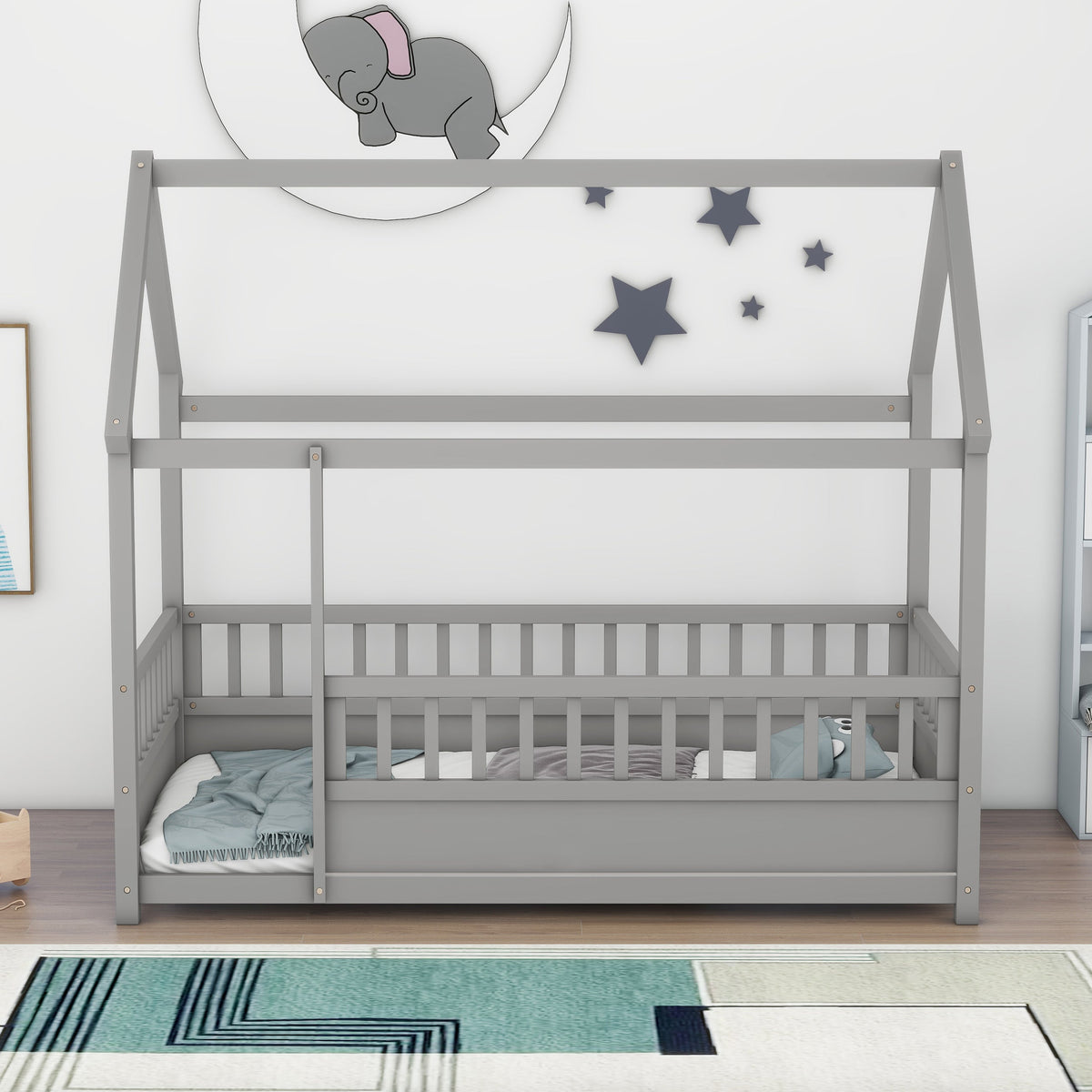 Toddler Twin Floor Bed with House Roof & Guardrails