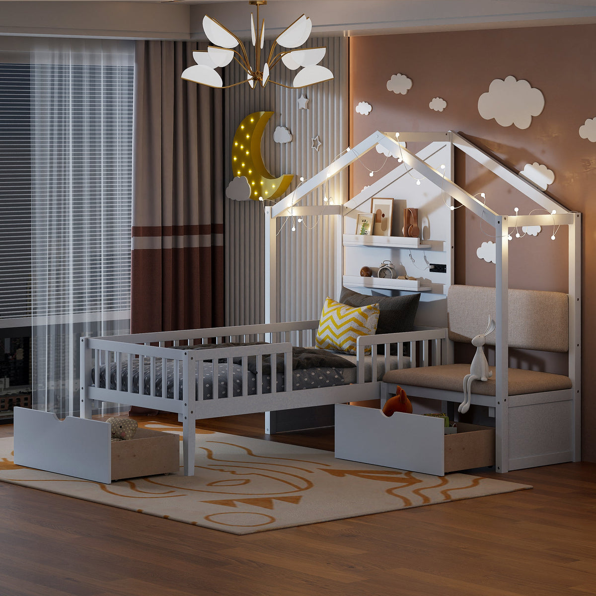Twin House Bed with Sofa, Drawers and Charging Station
