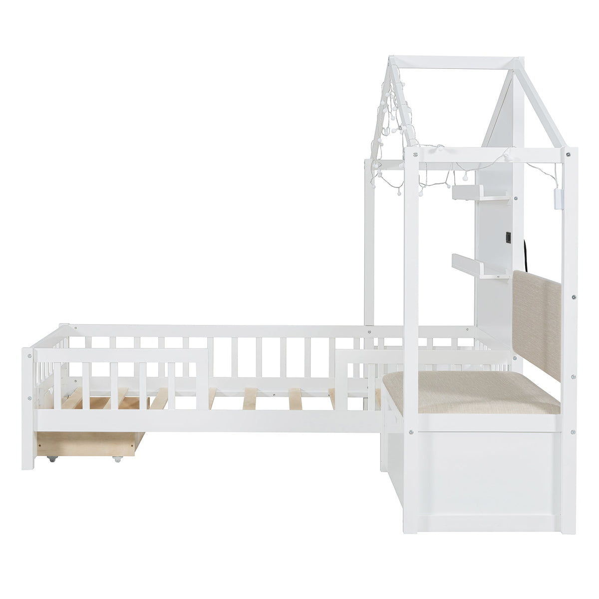 Twin House Bed with Sofa, Drawers and Charging Station