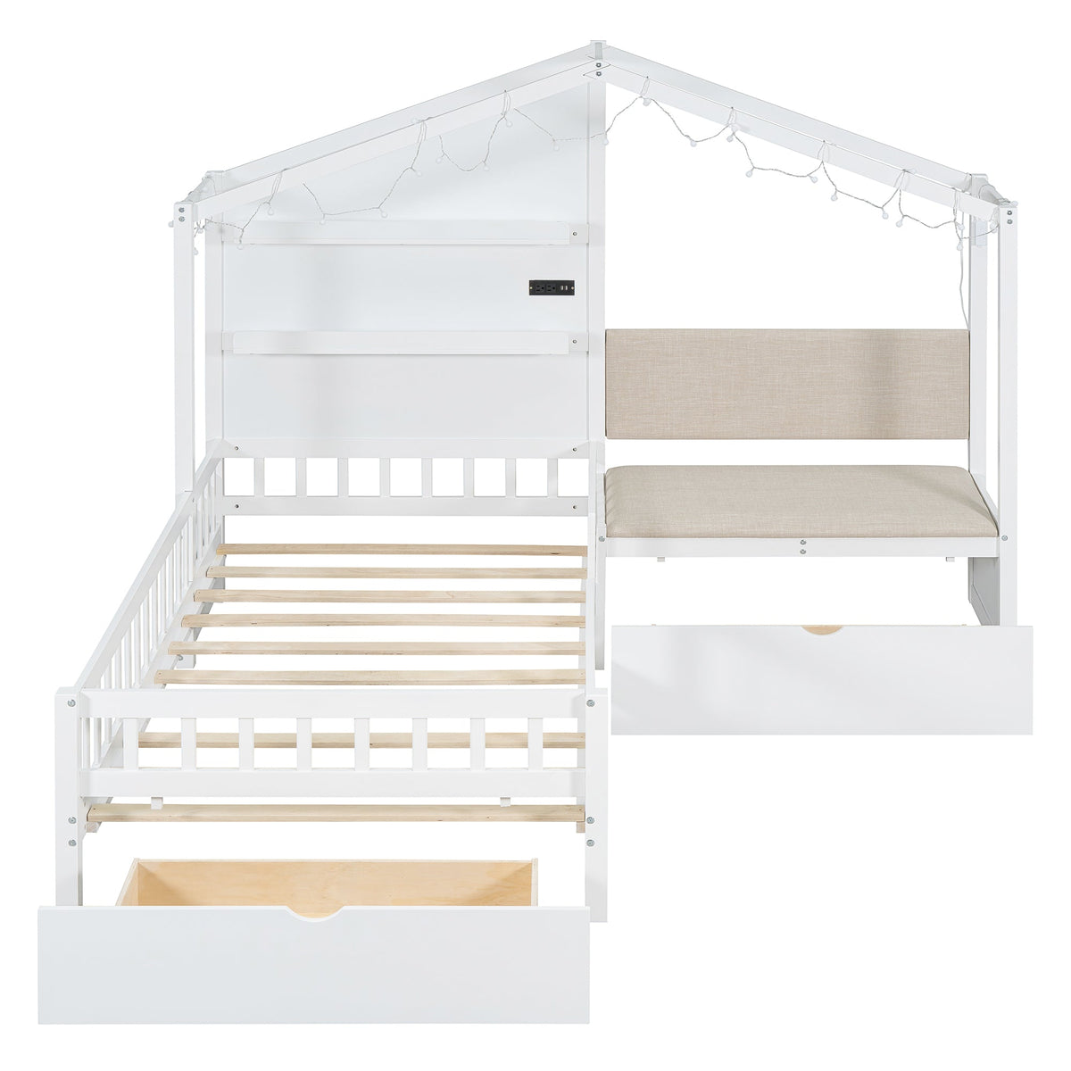 Twin House Bed with Sofa, Drawers and Charging Station