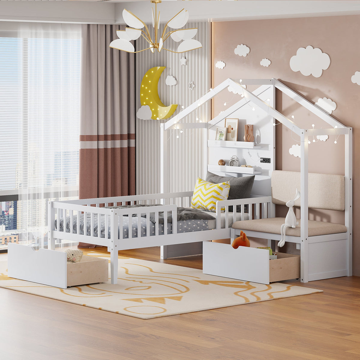Twin House Bed with Sofa, Drawers and Charging Station