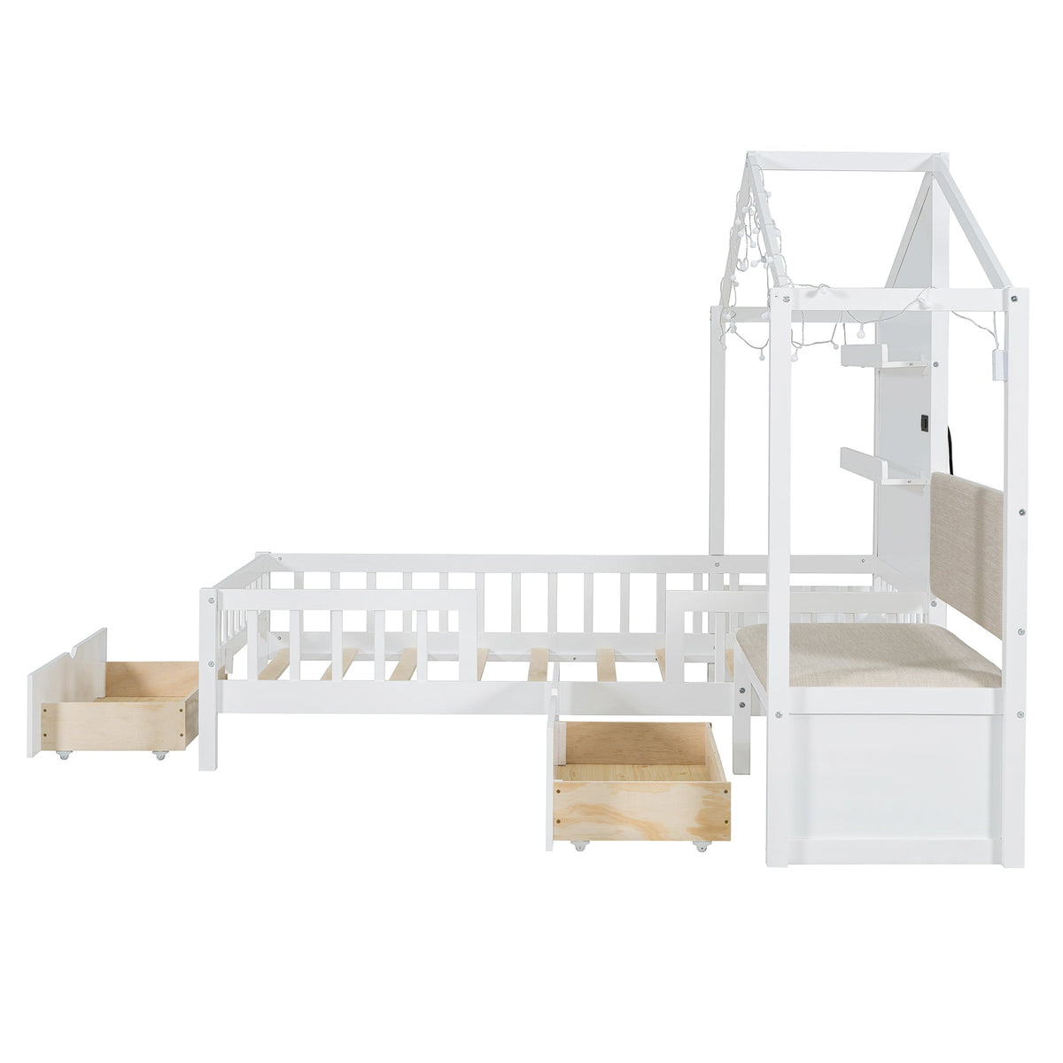 Twin House Bed with Sofa, Drawers and Charging Station
