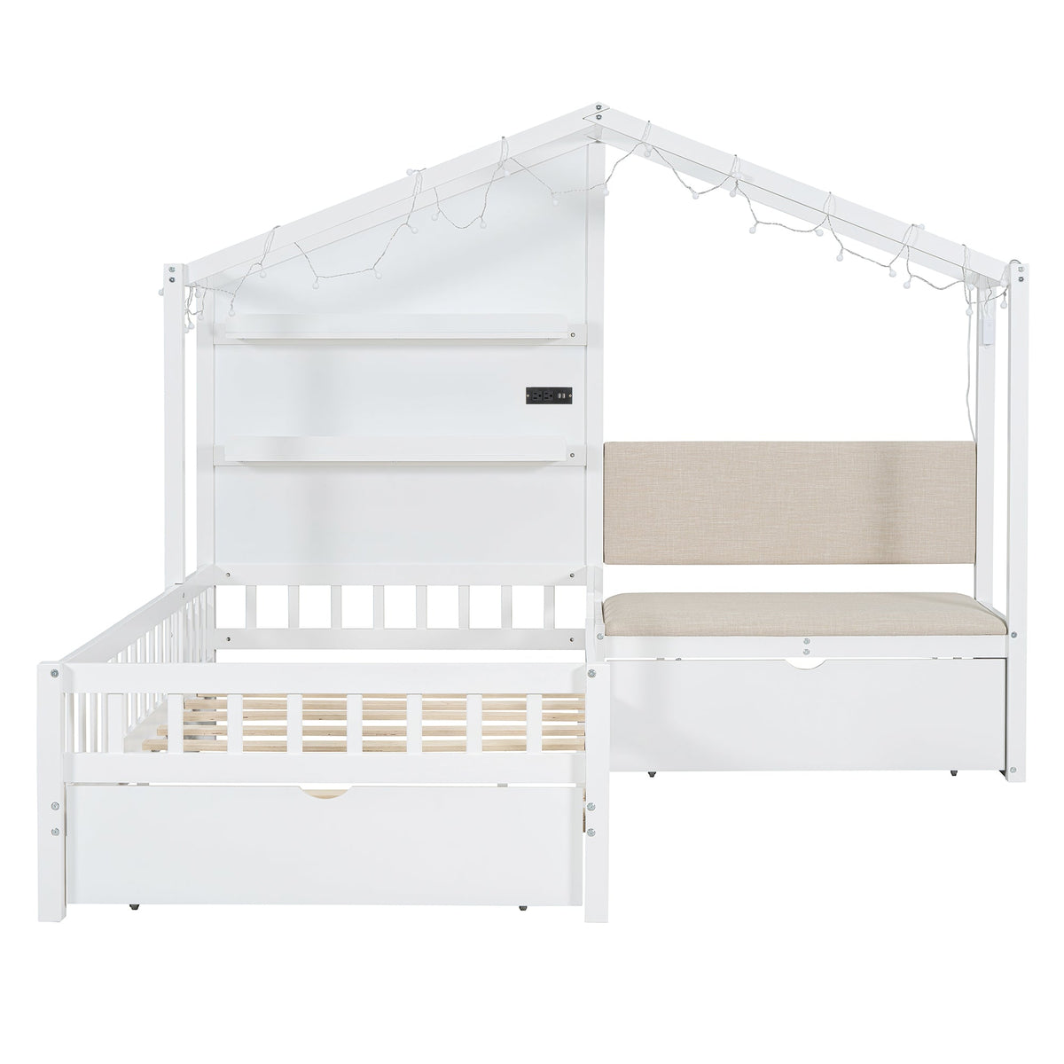 Twin House Bed with Sofa, Drawers and Charging Station
