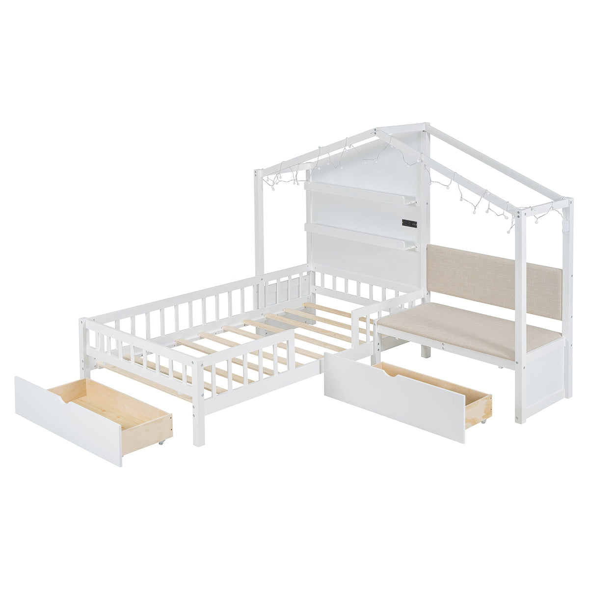 Twin House Bed with Sofa, Drawers and Charging Station