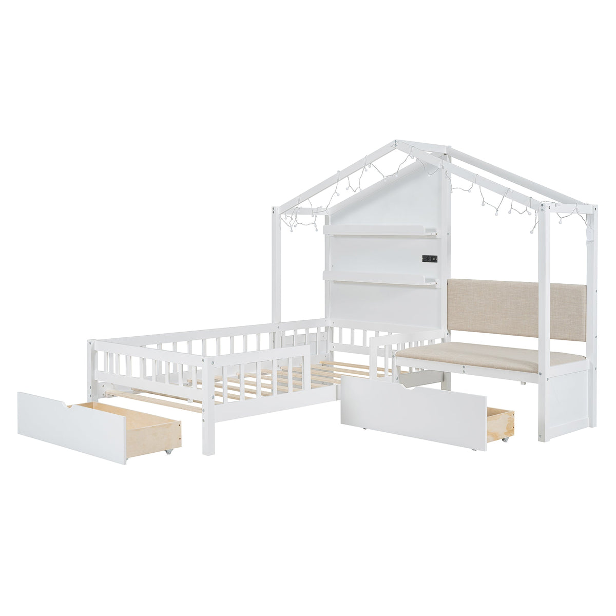 Twin House Bed with Sofa, Drawers and Charging Station