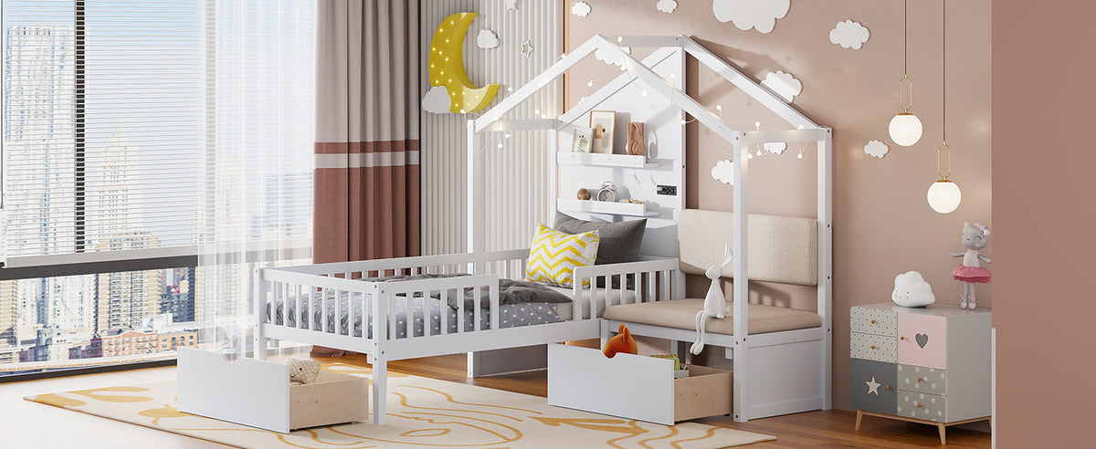 Twin House Bed with Sofa, Drawers and Charging Station