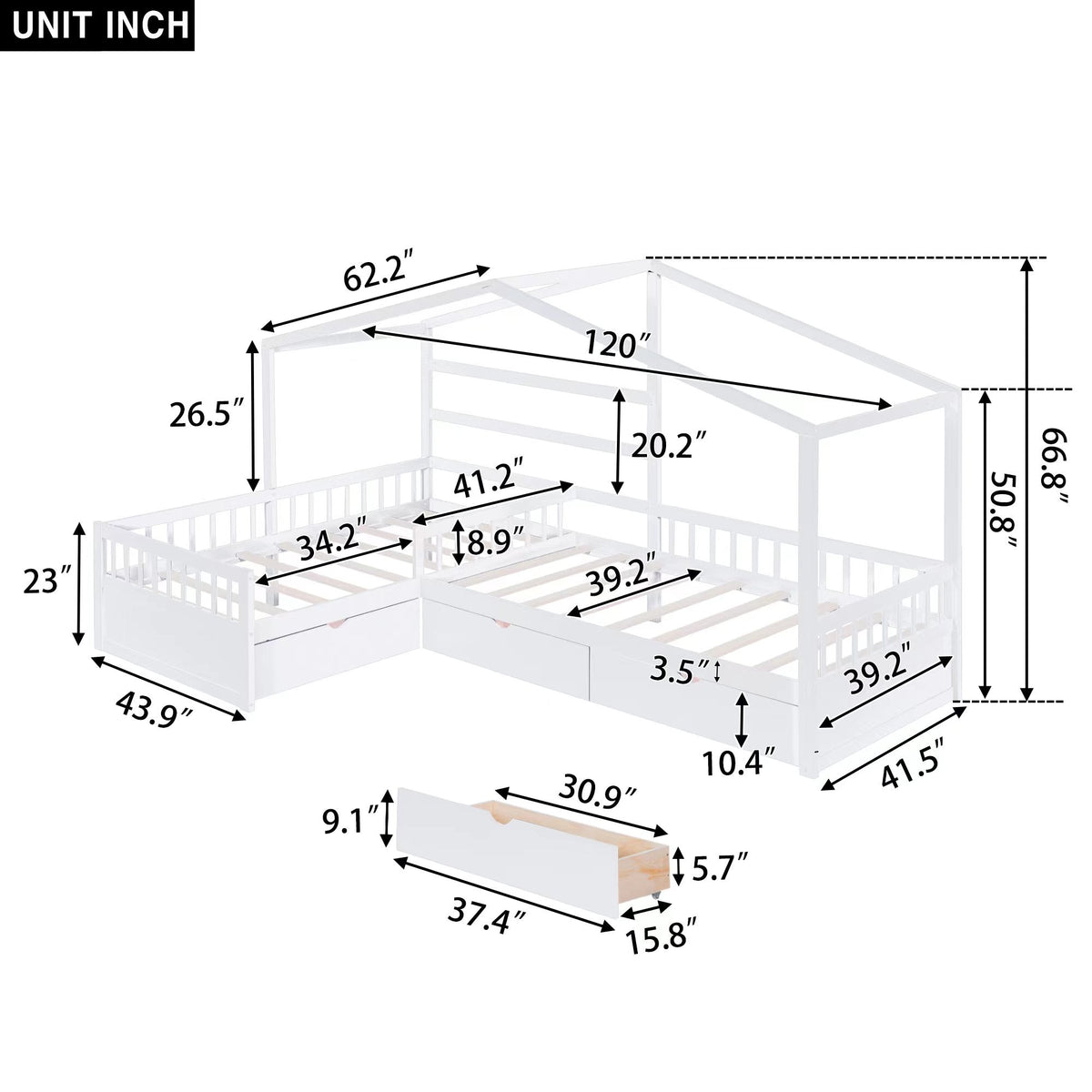 Kids Twin House Platform Bed with 3 Storage Drawers