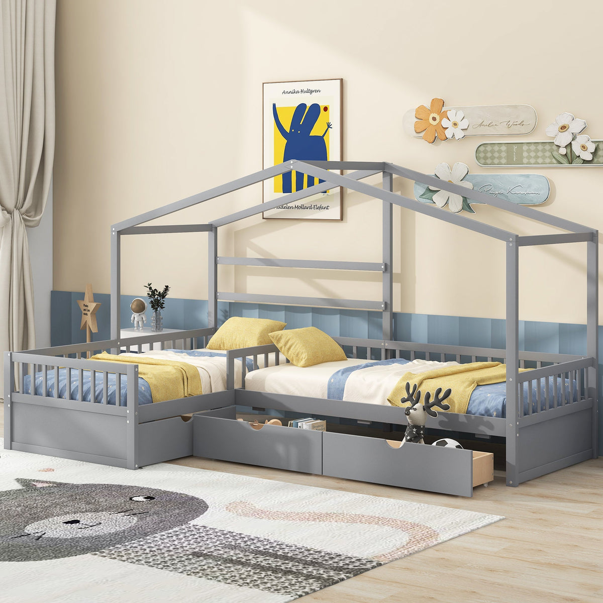 Twin Bed Frame for Shared Kids Room With Drawers