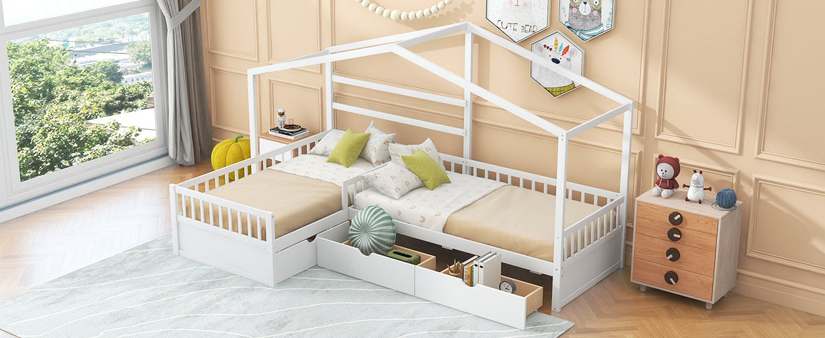 Kids Twin House Platform Bed with 3 Storage Drawers