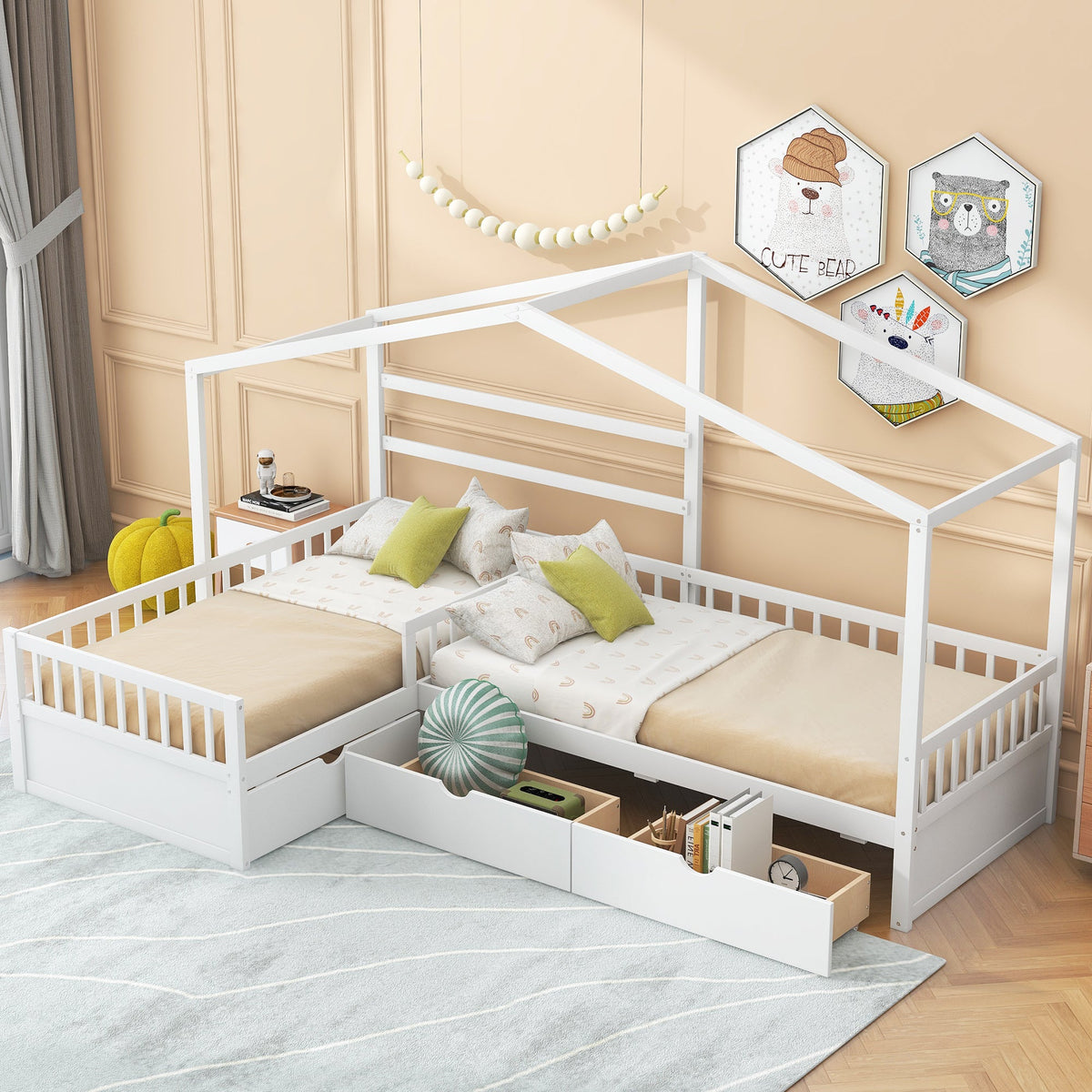 Kids Twin House Platform Bed with 3 Storage Drawers