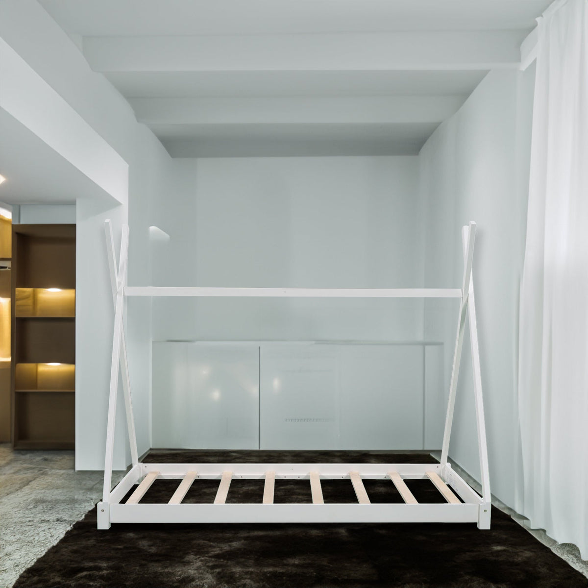 Twin Floor Bed with Tent Canopy for Kids, White Wood