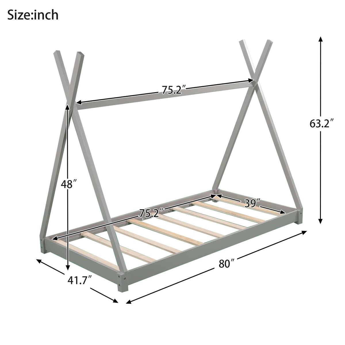 Twin Kids Platform Bed Frame: Low Tipi Canopy Style