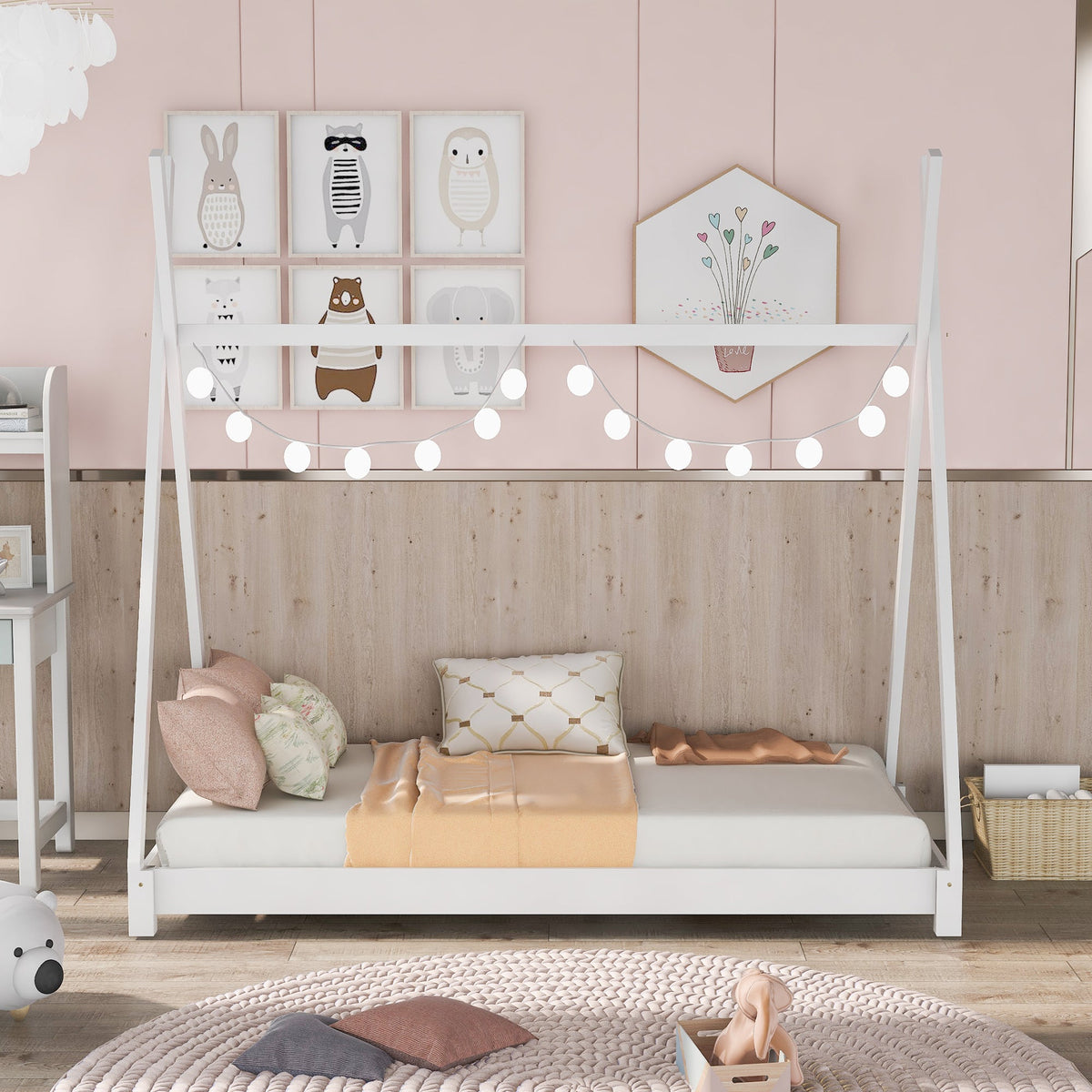 Twin Floor Bed with Tent Canopy for Kids, White Wood