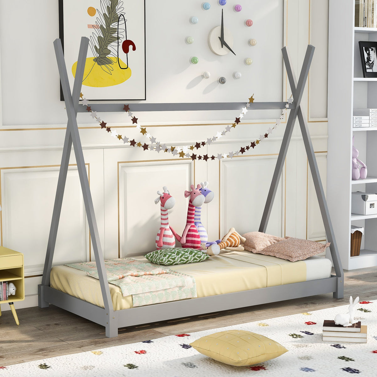 Twin Kids Platform Bed Frame: Low Tipi Canopy Style