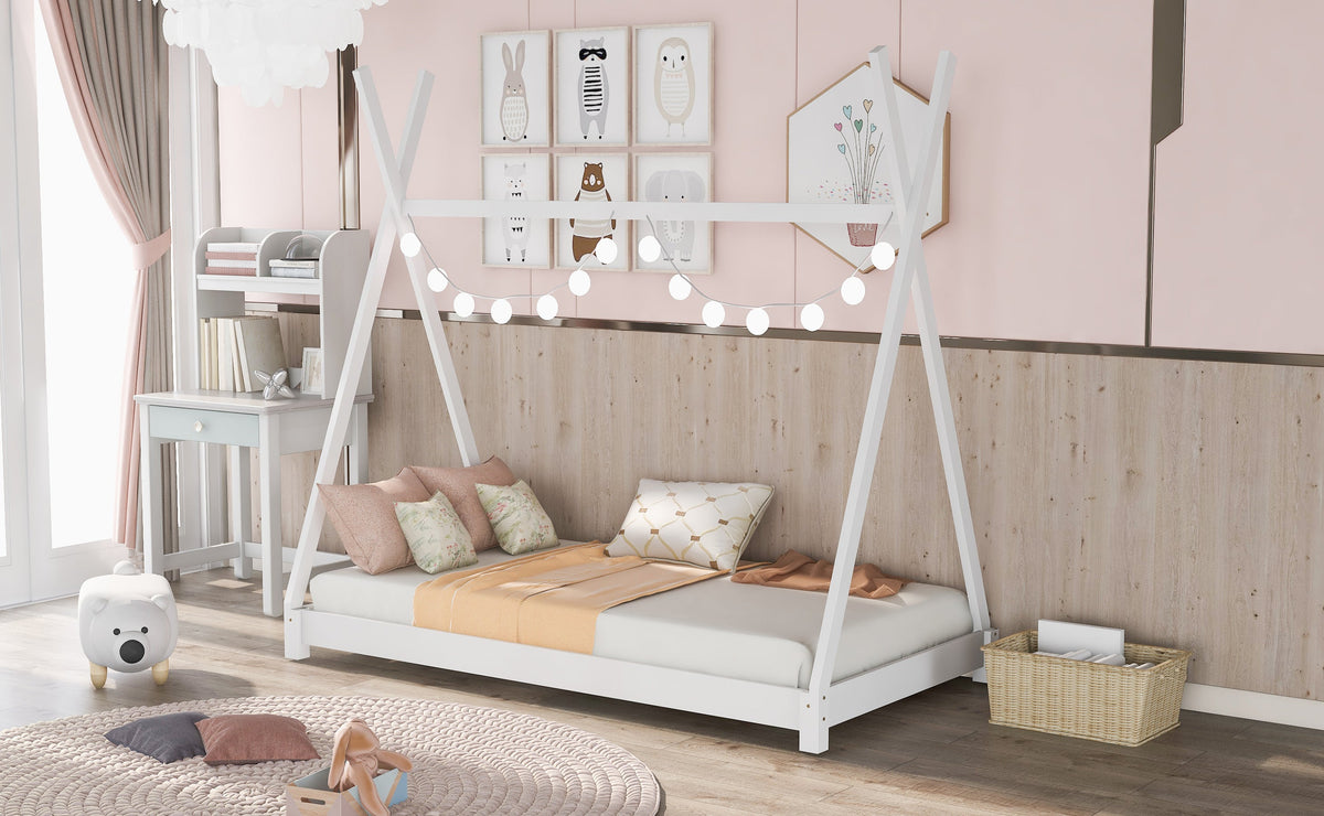 Twin Floor Bed with Tent Canopy for Kids, White Wood