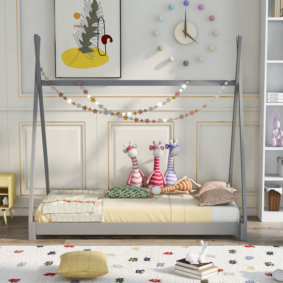 Twin Kids Platform Bed Frame: Low Tipi Canopy Style