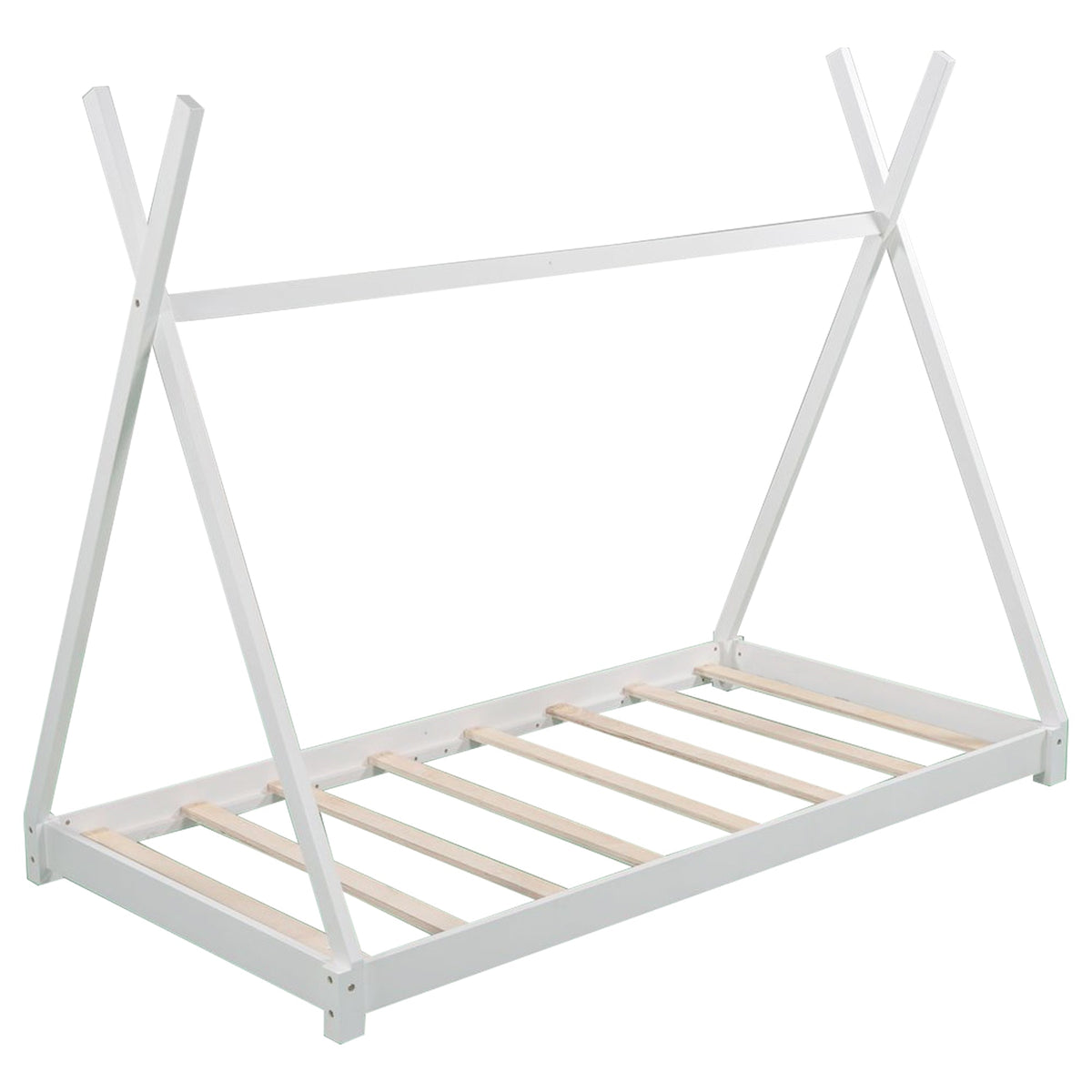 Twin Floor Bed with Tent Canopy for Kids, White Wood
