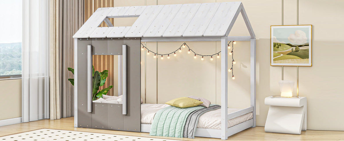 Twin House Platform Bed with Roof & Window for Kids