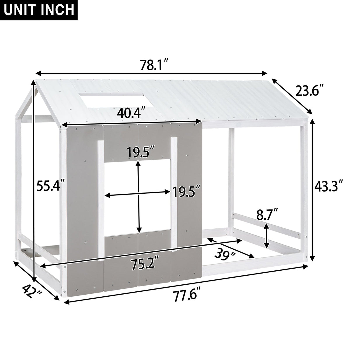 Twin House Platform Bed with Roof & Window for Kids