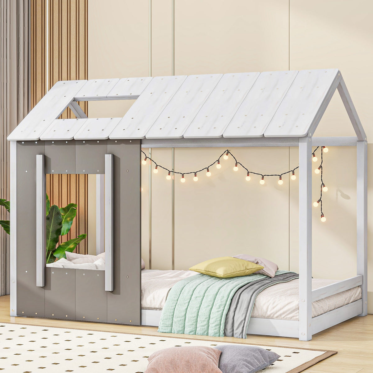 Twin House Platform Bed with Roof & Window for Kids