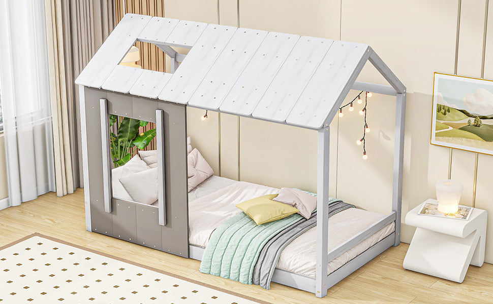 Twin House Platform Bed with Roof & Window for Kids