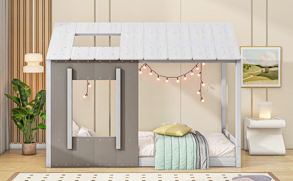 Twin House Platform Bed with Roof & Window for Kids