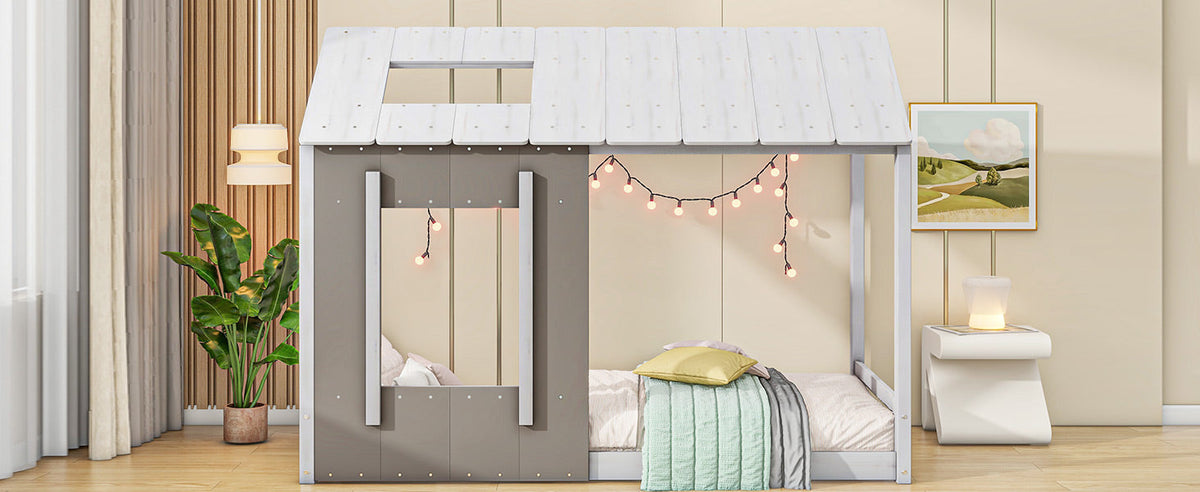 Twin House Platform Bed with Roof & Window for Kids