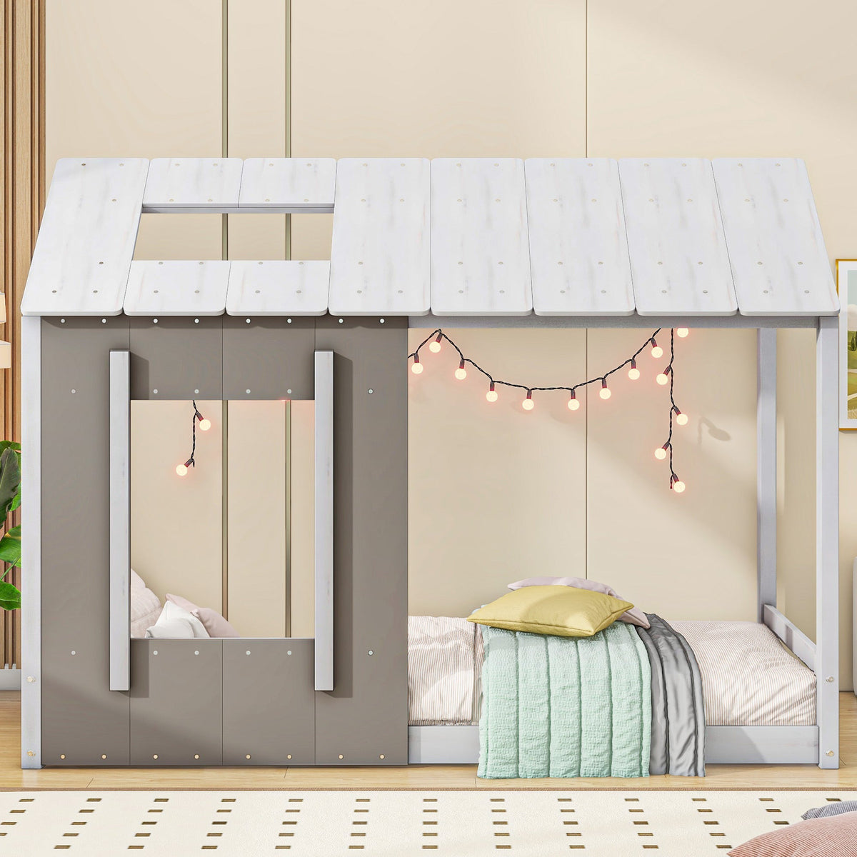 Twin House Platform Bed with Roof & Window for Kids