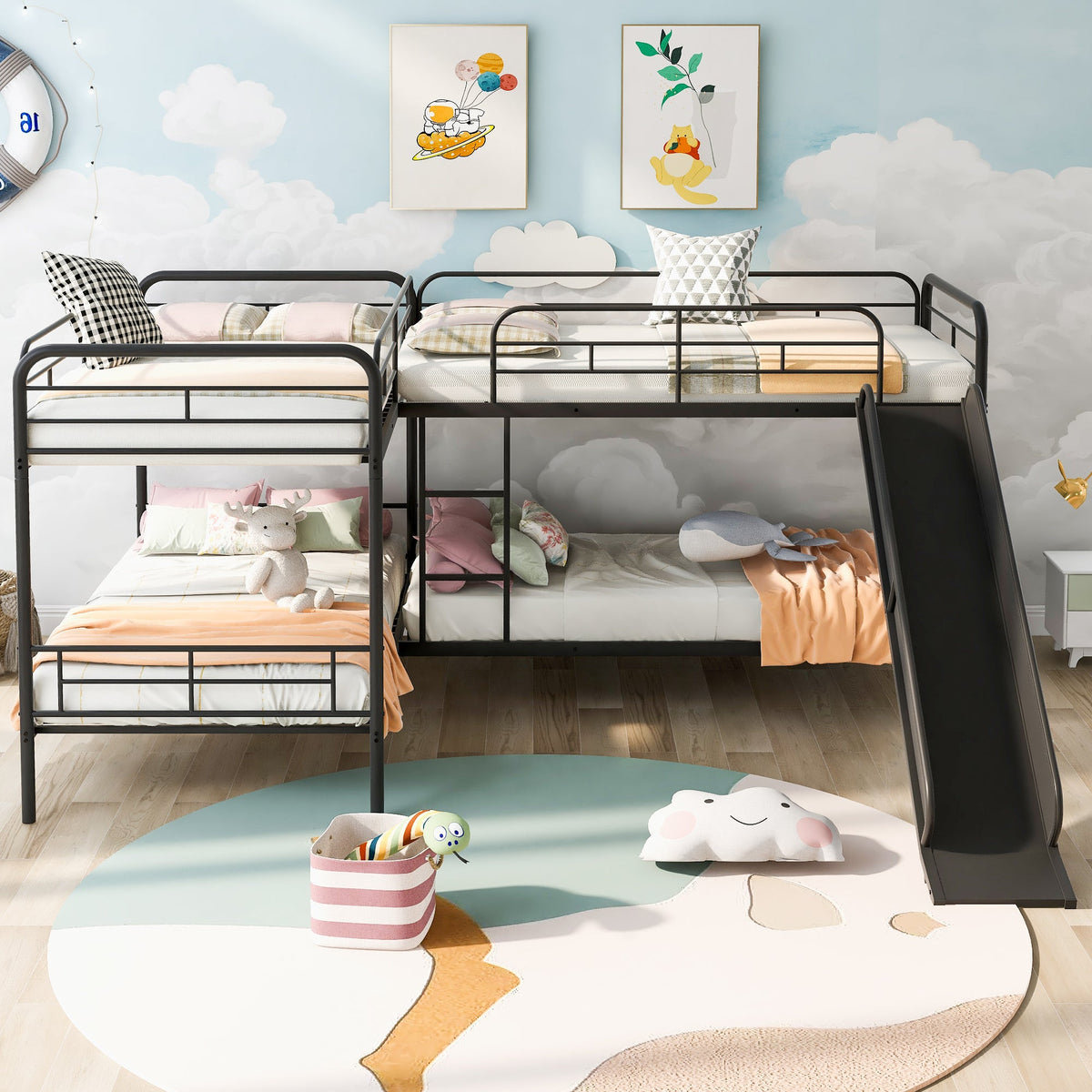 Twin Bunk Bed with Slide and Ladder, Black Metal