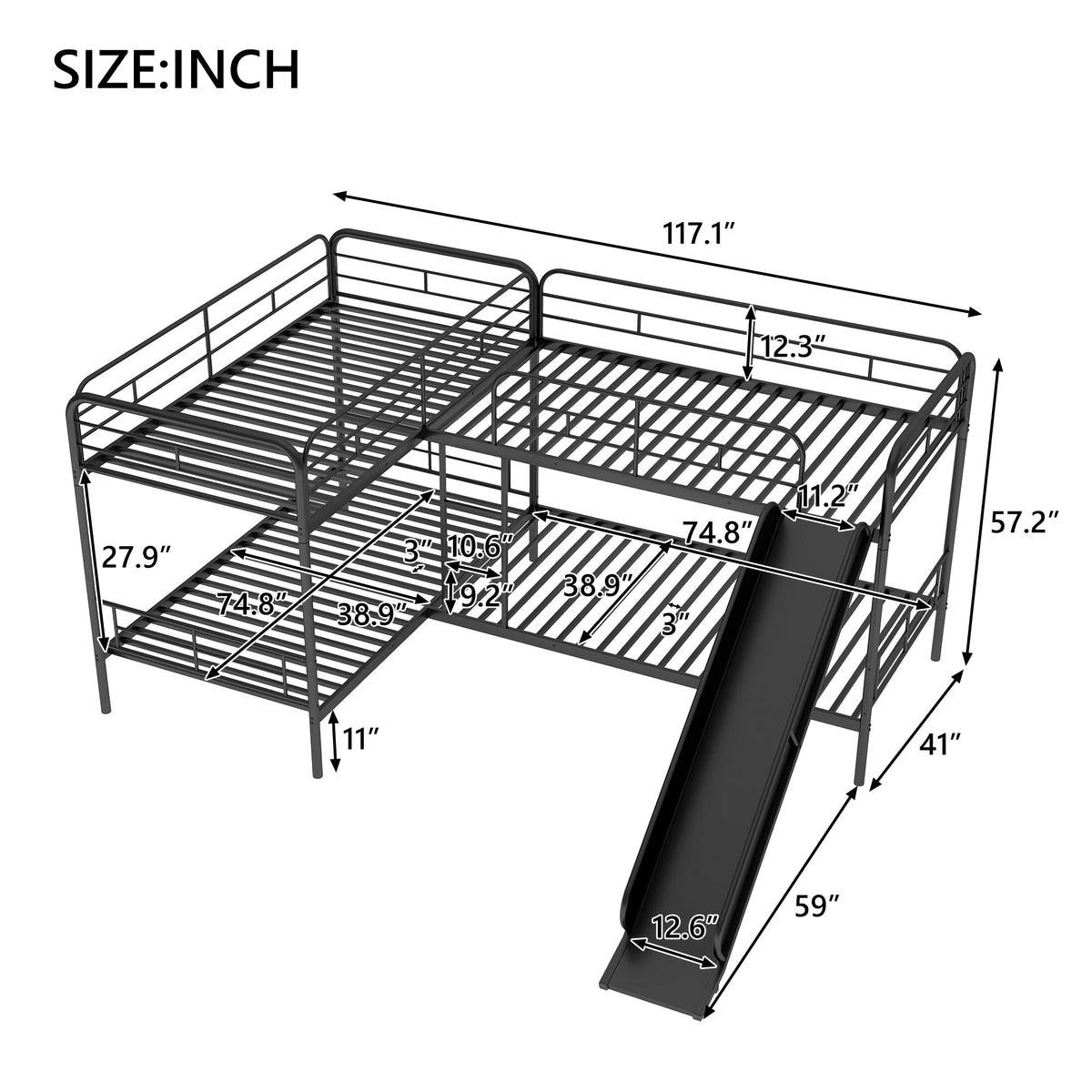 Twin Bunk Bed with Slide and Ladder, Black Metal