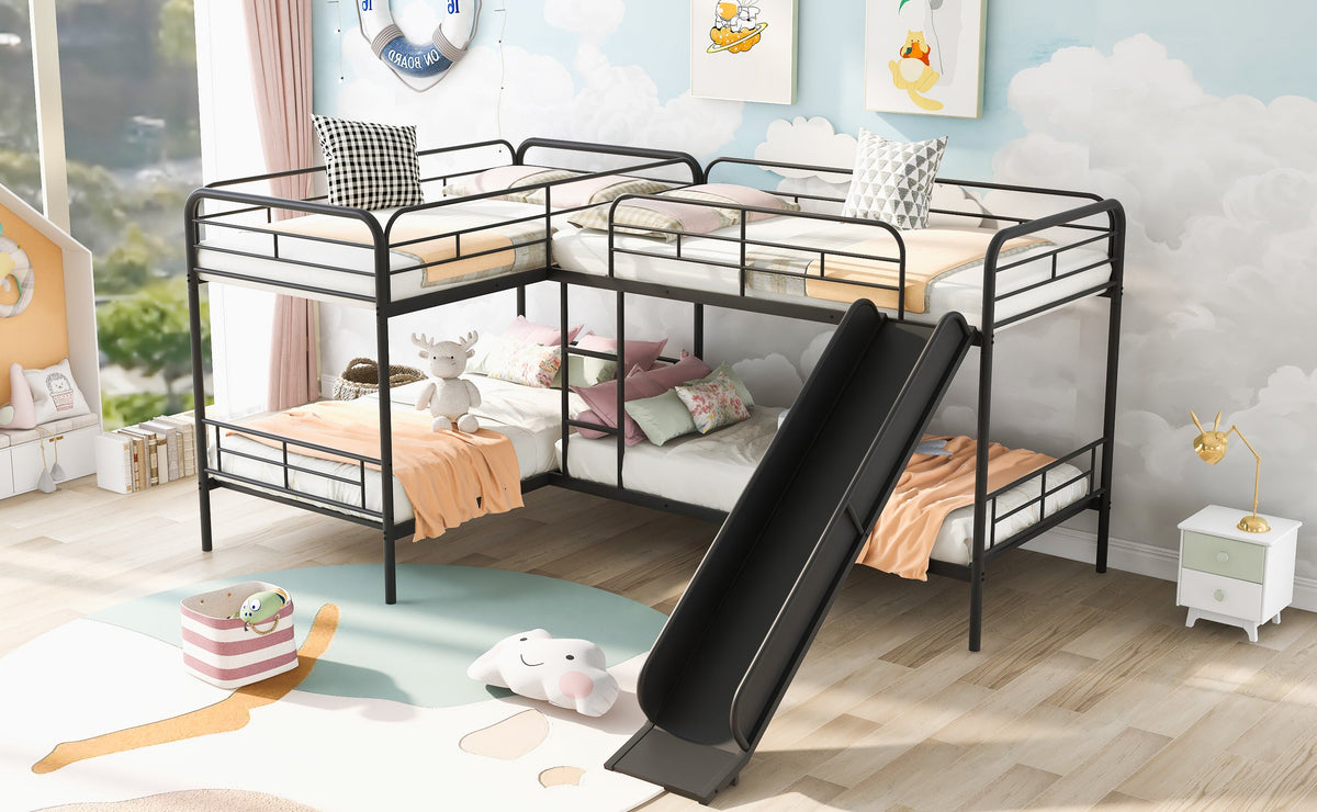 Twin Bunk Bed with Slide and Ladder, Black Metal