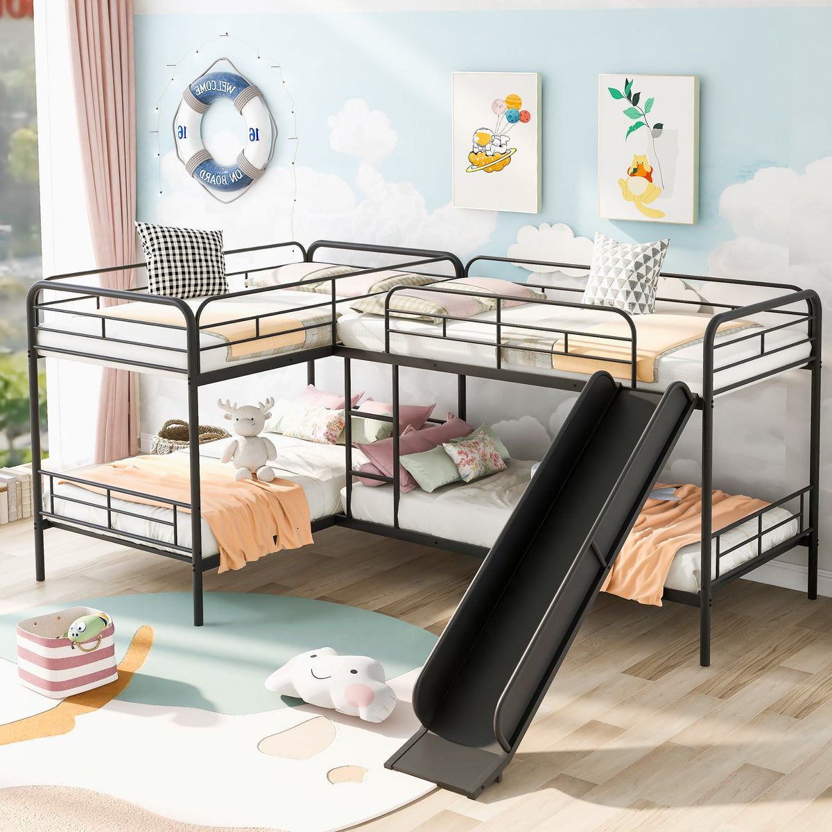 Twin Bunk Bed with Slide and Ladder, Black Metal
