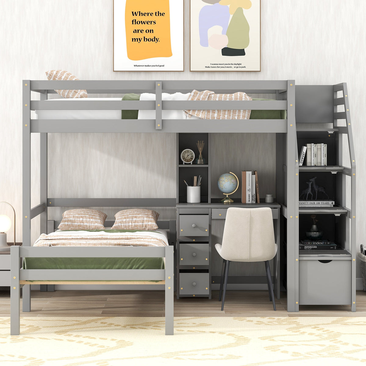 Twin Loft Bed with Desk, Drawers and Storage Stairs