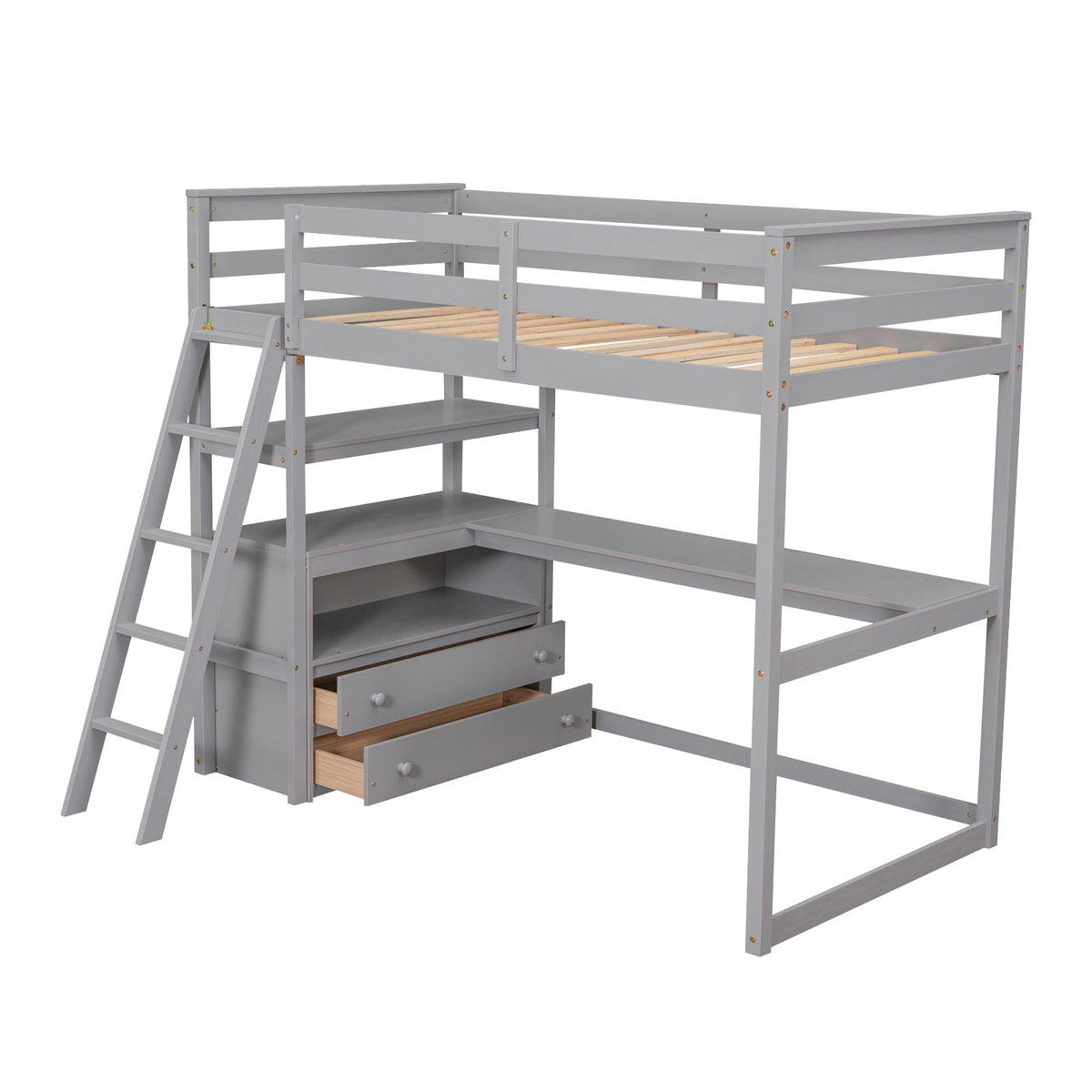 Twin Loft Bed with Desk, Shelves & Drawers for Kids