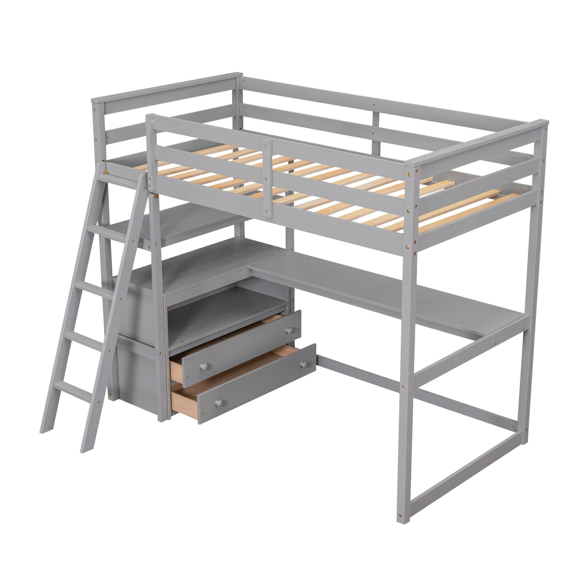 Twin Loft Bed with Desk, Shelves & Drawers for Kids