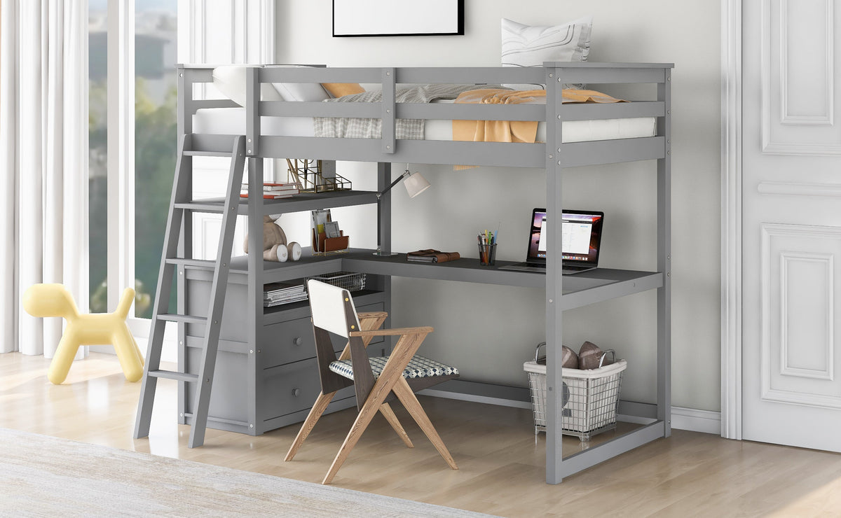 Twin Loft Bed with Desk, Shelves & Drawers for Kids