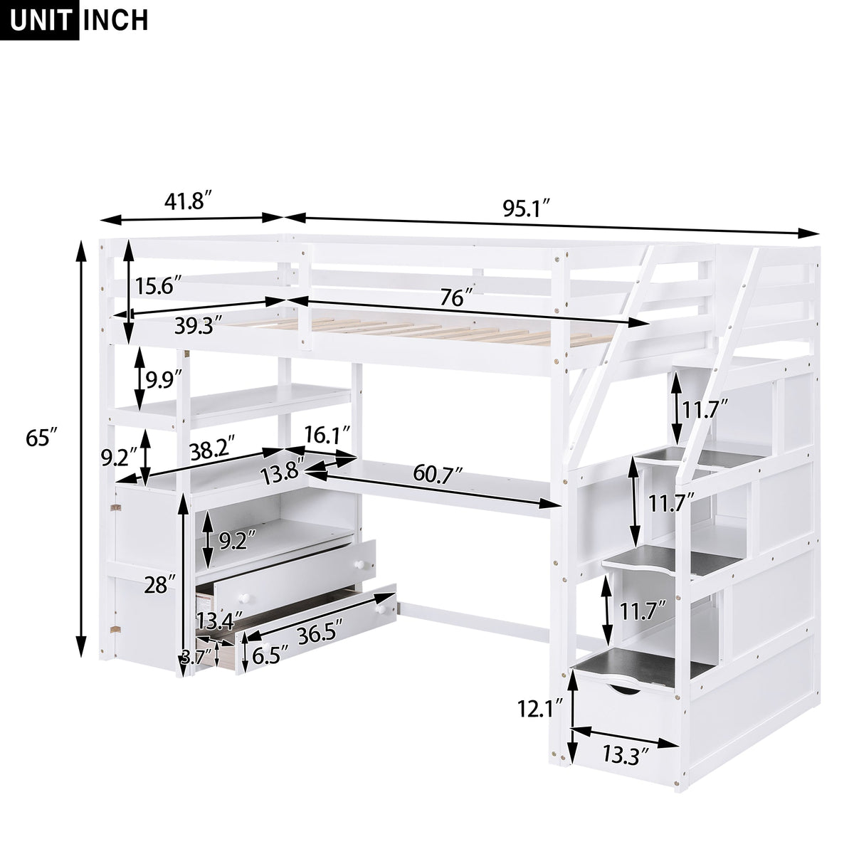 Twin Loft Bed with Desk and Storage Staircase