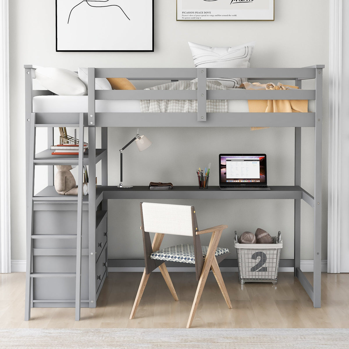 Twin Loft Bed with Desk, Shelves & Drawers for Kids