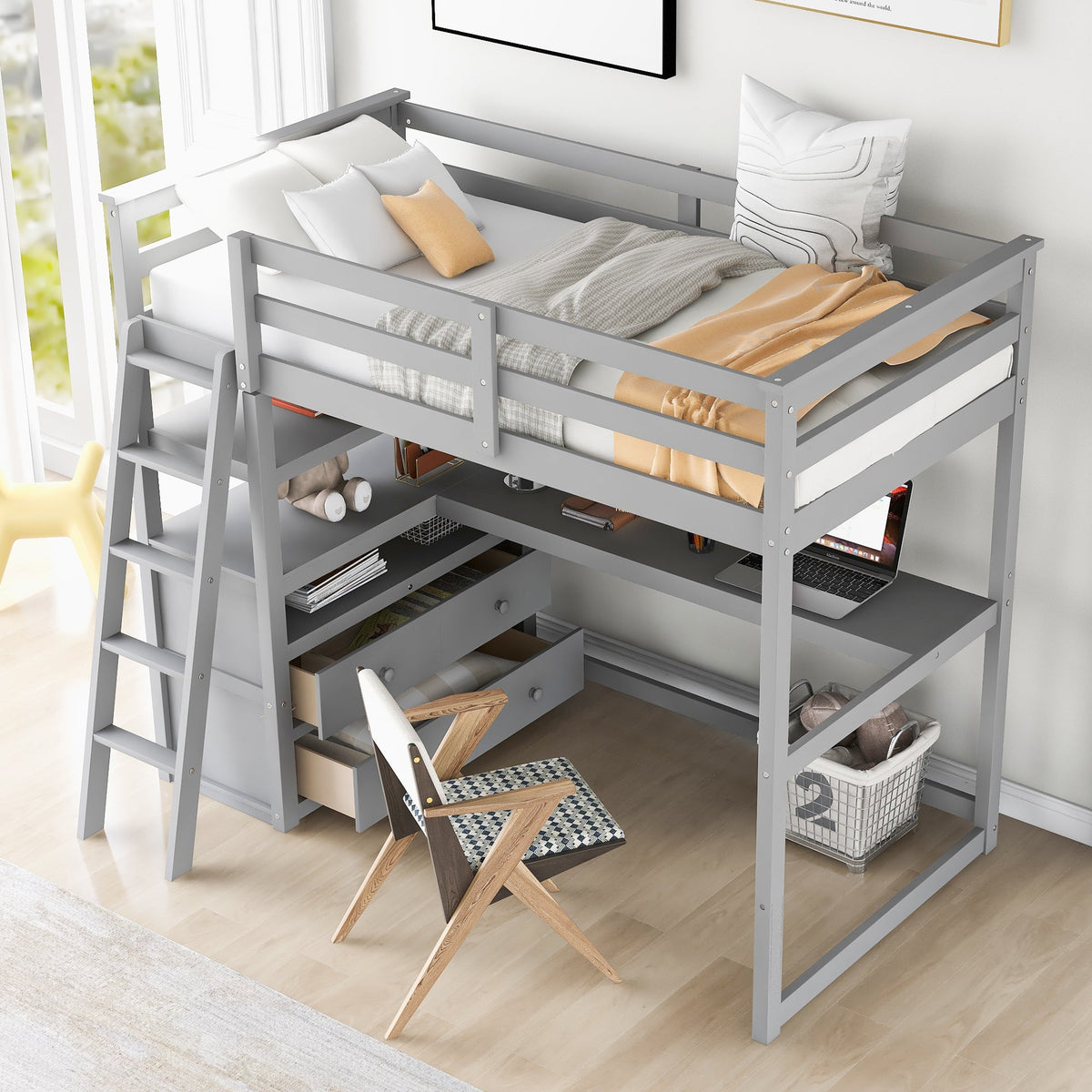 Twin Loft Bed with Desk, Shelves & Drawers for Kids