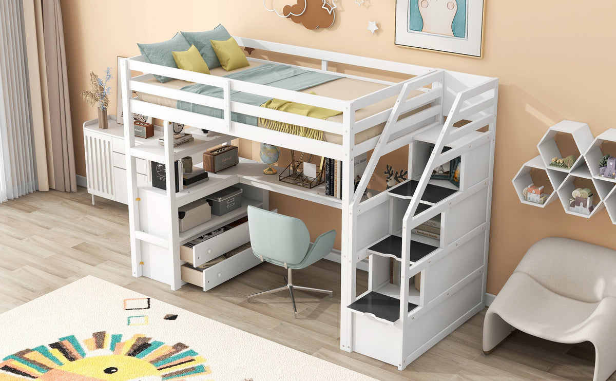 Twin Loft Bed with Desk and Storage Staircase
